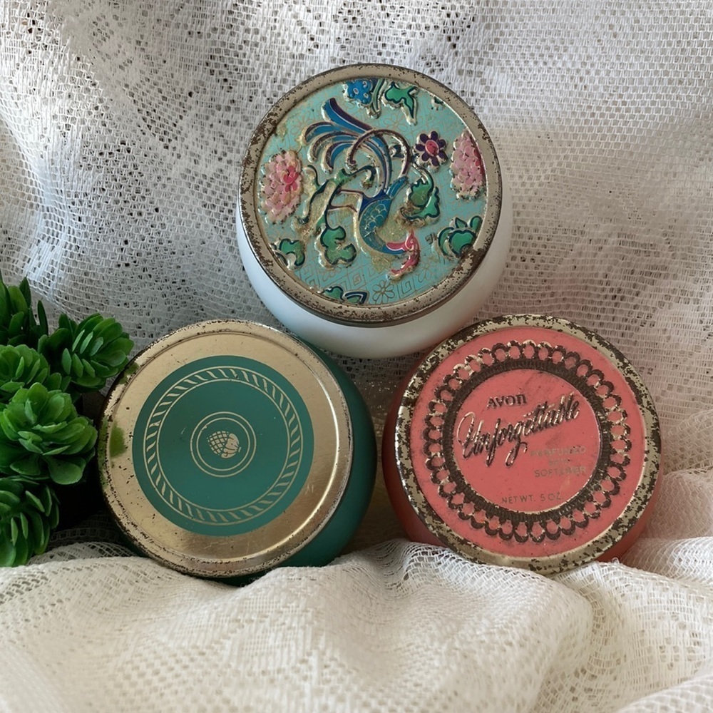 Vintage 5 oz Pink, Turquoise and White Glass Jars might be Avon- Empty